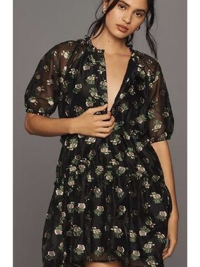 Black Floral Embroidered
Short-Puff Sleeve V-Neck Tiered
Dress (S) by Maeve